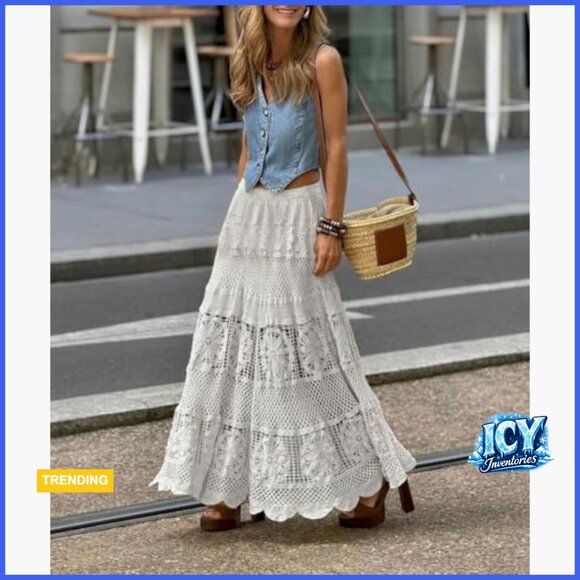 Western Floral Lace Crochet Knit Maxi Boho Skirt A-Line Eyelet - Picture 2 of 2